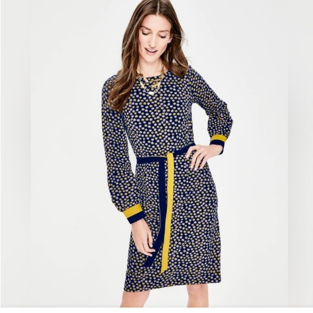 Boden Navy and Yellow Floral Long Sleeve Belted Dress